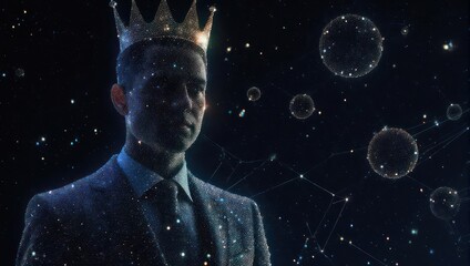 Man wears crown, gazing thoughtfully, surrounded by sparkling bubbles against starry backdrop