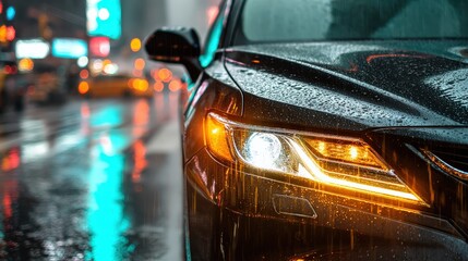 A sleek car glistens with raindrops in a vibrant, illuminated urban setting, capturing the essence of a rainy city night.