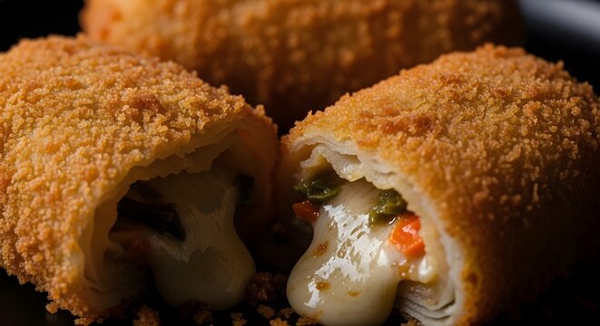 A beautiful close-up of a halved Risol (Indonesian fried spring roll) with a gooey filling of melted cheese and mixed vegetables like carrots and chili, showcasing the crispy texture and savory fillin