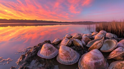 A tranquil estuary at dawn with mirrored pink and orange sky over muddy banks 

