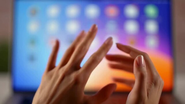 Gesture control interaction in front of digital screen, Hands navigating virtual interface with blurred icons, Futuristic touchless interface technology concept - Powered by Adobe
