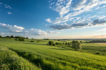 Vast green rolling hills under a dramatic blue sky with fluffy clouds