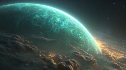 A stunning digital artwork depicting a vibrant blue-green planet enveloped in swirling clouds against a starry background.
