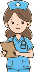 Obraz premium A cartoon nurse in blue scrubs and cap holding a clipboard with a stethoscope around her neck against a white background.