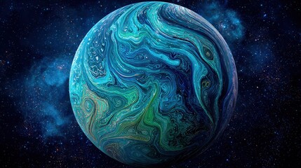 A vibrant, swirling planet amidst a starry cosmos, showcasing dynamic patterns of blue and green hues against a dark backdrop.