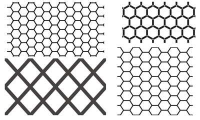 Geometric patterns set. Vector collection of seamless honeycomb, hexagon, and diamond grid backgrounds. Abstract mesh and lattice textures for science, technology, or design.