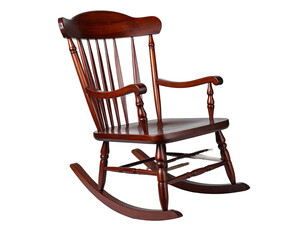 A glossy, dark-stained wooden rocking chair sits isolated on a dark background