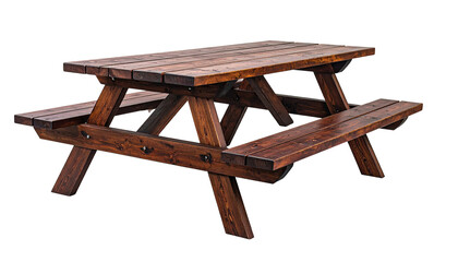 Isolated, wooden picnic table with attached benches, angled legs, outdoorsy