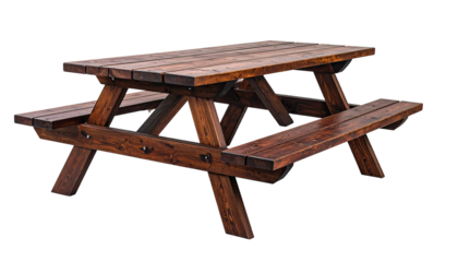 Isolated, wooden picnic table with attached benches, angled legs, outdoorsy