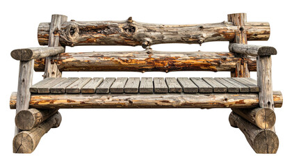 Weathered wood bench, rustic style with logs, isolated on a dark background