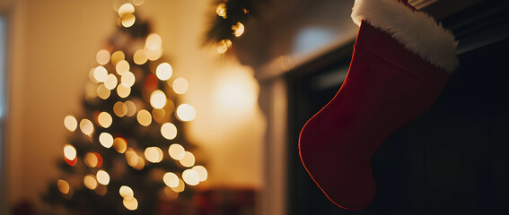 a Christmas red stocking hanging on a fireplace, with a blurred Christmas tree and lights in the background.