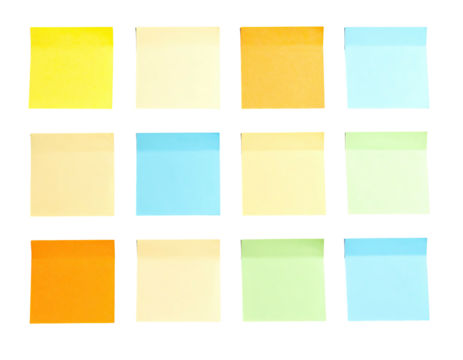 A grid of colorful, square sticky notes arranged on a contrasting black background