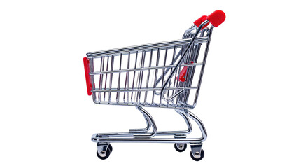 A chrome, red-handled shopping cart, isolated on black. It's empty and angled