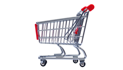 A chrome, red-handled shopping cart, isolated on black. It's empty and angled