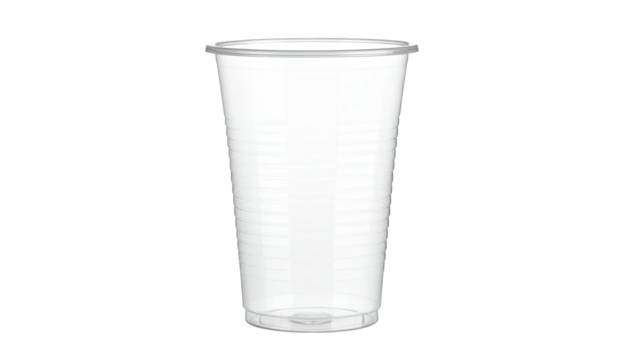 Transparent, ribbed plastic cup, empty and standing against a black background