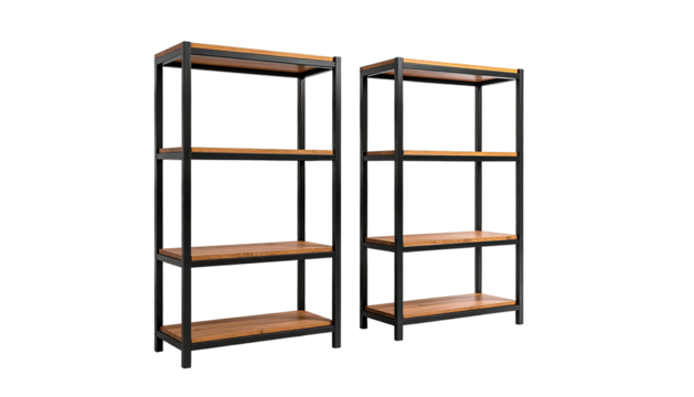 Two minimalist shelving units, black frames, wooden shelves, against black backdrop