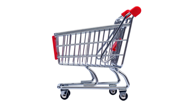 A chrome, red-handled shopping cart, isolated on black. It's empty and angled