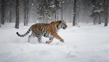 Obraz premium Majestic tiger strides through snowy forest, snowflakes falling, winter scene