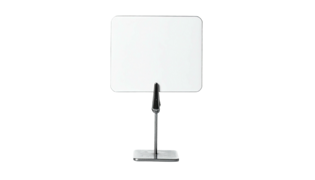 A blank, rectangular display screen mounted on a metallic stand against black
