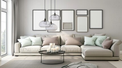 Modern Light Gray Living Room Sofa with Soft Cushions and Contemporary Wall Art