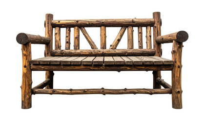 Rustic wooden bench crafted from logs, isolated on a black background