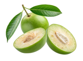 Freshly Sliced Ambarella Green Fruit with Leaves on Transparent Background for Healthy Eating and Cooking