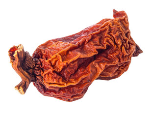 Close-up of a dried, wrinkled, reddish-brown fruit with a stem, isolated on black