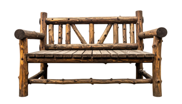 Rustic wooden bench crafted from logs, isolated on a black background
