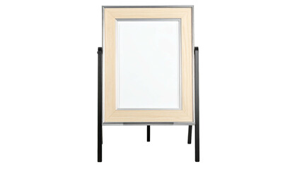 A wooden-framed blank board stands, held by a black metal stand, on a dark background