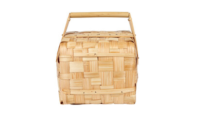 Woven rectangular basket with a wooden handle, viewed from the front against black