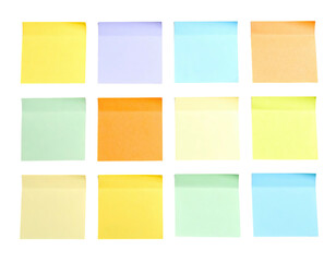 Twelve colorful square sticky notes arranged in a grid pattern, on a black backdrop