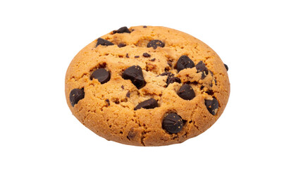 Close-up of a single, round, baked dessert, with dark chocolate pieces visible