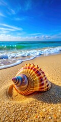 Obraz premium Colorful Neopycnodonte cochlear seashell partially buried in sand on the ocean floor