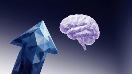 Low-poly graphic features a stylized arrow pointing towards a geometric brain