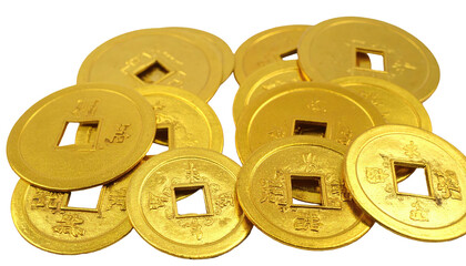 Golden, round coins with square holes and Asian script, overlapping and clustered