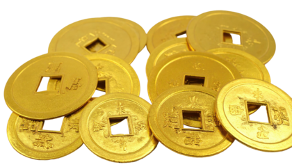 Golden, round coins with square holes and Asian script, overlapping and clustered
