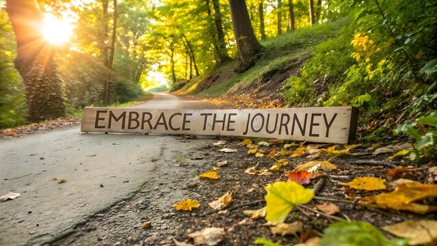 Wooden sign with motivational message along forest path