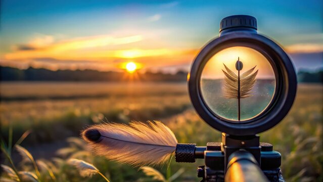 Sniper scope view focusing on target at dusk with blurred background