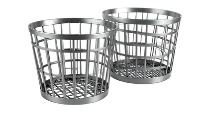 Two silver, cylindrical waste containers with a lattice design, isolated on black