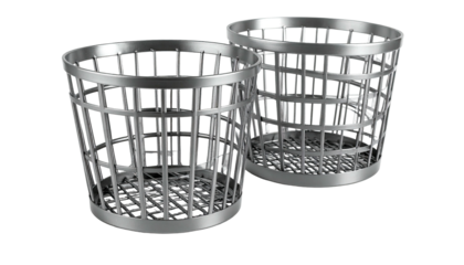 Two silver, cylindrical waste containers with a lattice design, isolated on black