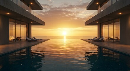 Modern Villa with Infinity Pool Overlooking Ocean Horizon at Sunset