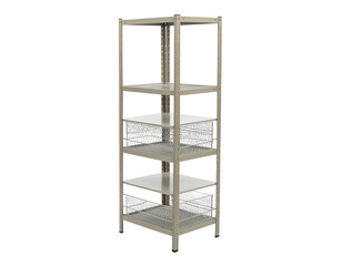 Tall metal shelving unit with wire baskets and flat shelves against a black background