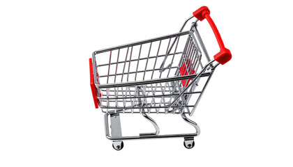 Miniature metal shopping cart, red accents, isolated against a stark black backdrop