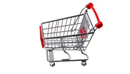 Miniature metal shopping cart, red accents, isolated against a stark black backdrop
