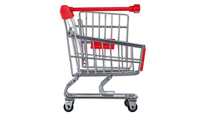 Side view of a miniature chrome and red shopping cart against a black background