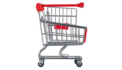 Side view of a miniature chrome and red shopping cart against a black background