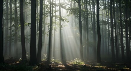 Fototapeta premium Dense Foggy Forest Path Illuminated by Morning Rays of Light