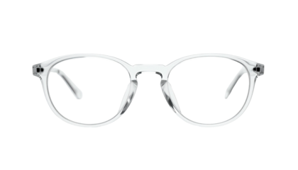 Transparent eyeglasses with round lenses, straight arms, and nose pads, on black