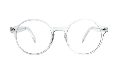 Transparent round eyeglasses centered on a black background, showing clear lens frames