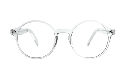 Transparent round eyeglasses centered on a black background, showing clear lens frames